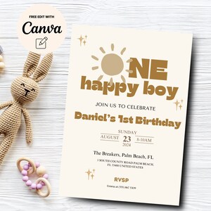 One Happy Boy 1st Birthday Invite, Boho Sun Printable Invitation, Instant Download, Canva Editable, Digital Download