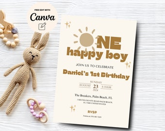 One Happy Boy 1st Birthday Invite, Boho Sun Printable Invitation, Instant Download, Canva Editable, Digital Download