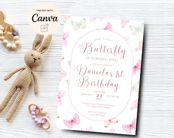 Butterfly Birthday Invitation, 1st Birthday Invite, Printable Girl Butterfly Party, Canva Editable, Digital Download