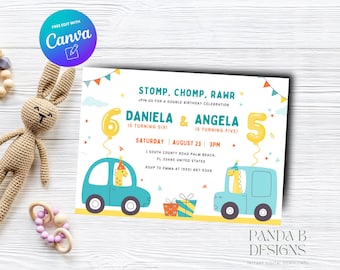 Dinosaur Double Birthday Invite for Kids, Girl Boy Birthday Invitation, Dinosaur Trex invite Any Age, Canva Template, Instant Download