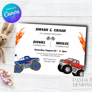 May include: A birthday party invitation for a monster truck themed party. The invitation features a blue and red monster truck with flames on the side. The text on the invitation reads "Smash & Crash It's a Monster Truck Bash!"  Daniel is turning five and Miguel is turning four. The party is on Saturday, August 23rd from 2-3pm at 1 South County Road Palm Beach, FL 33480. RSVP to Emma at (555) 867-5309.