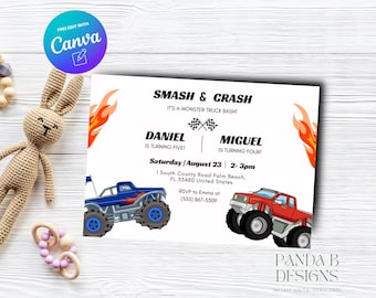 Monstertruck Doppel-Geburtstags-Einladung, Smash und Crash Junge Geburtstagseinladung Geschwister Gemeinsame Einladung Jedes Alter Canva Vorlage, Sofort Download