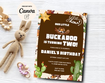 Cowboy 2nd Birthday Invitation, Western Cowboy Birthday Invitation, Party Boy Rodeo 2nd Birthday, Canva Editable, Digital Download