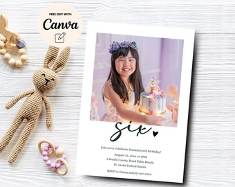 Invitación con foto para sexto cumpleaños, invitación minimalista para séptimo cumpleaños, invitación de cumpleaños con foto sencilla, plantilla Canva, descarga digital