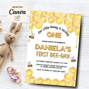 First Bee Day Birthday Invitation, 1st Birthday Invite, Bee Birthday, Bee 1st Birthday, Bee Day, Canva Editable, Digital Download, Printable