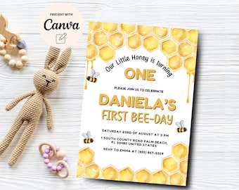 First Bee Day Birthday Invitation, 1st Birthday Invite, Bee Birthday, Bee 1st Birthday, Bee Day, Canva Editable, Digital Download, Printable