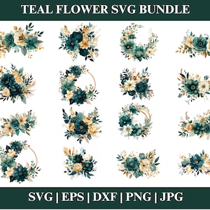 Teal Green Flower Clipart SVG Bundle for Cricut, Watercolor Digital Download, PNG, Wedding Clipart