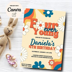 Four Ever Young Groovy 4th Birthday Invite, 4th Groovy Birthday Invitation, Retro Groovy Hippie Rainbow, Canva Template, Digital Download