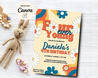 Vier ooit jonge groovy 4e verjaardag uitnodigen, 4e groovy verjaardagsuitnodiging, retro groovy hippie regenboog, canvassjabloon, digitale download