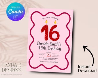 Faire-part 16e anniversaire rose modifiable, invitation minimaliste rose numéro 16e anniversaire, modèle de toile d'invitation Sweet Sixteen, téléchargement numérique