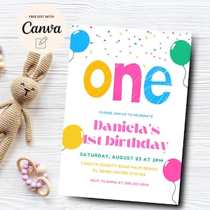 Balloon 1st Birthday Invitation, Colorful Balloon 1st Birthday Invite, Balloon Birthday Invite, Canva Editable, Digital Download