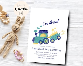 Invito per il terzo compleanno del treno, invito per la festa del terzo compleanno del bambino, invito minimalista per il terzo compleanno del treno, modello Canva, download digitale