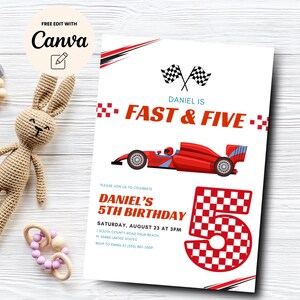 May include: A red and white birthday invitation with a race car and checkered flag design. The text reads "Daniel is Fast & Five" and "Daniel's 5th Birthday".