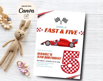 May include: A red and white birthday invitation with a race car and checkered flag design. The text reads "Daniel is Fast & Five" and "Daniel's 5th Birthday".