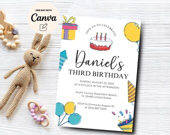 Invitación editable para fiesta de tercer cumpleaños, invitación de pastel para tercer cumpleaños, tercer cumpleaños de género neutro, plantilla de Canva, descarga digital