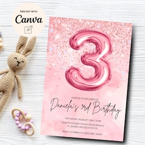 Pink 3rd Birthday Invitation, Glitter Birthday Party Invite, Balloon Foil Girl Third Birthday, Canva Template, Digital Download