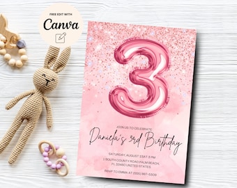 Pink 3rd Birthday Invitation, Glitter Birthday Party Invite, Balloon Foil Girl Third Birthday, Canva Template, Digital Download