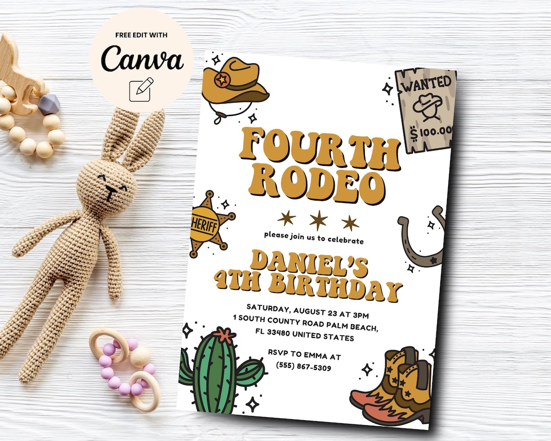 Fourth Rodeo Birthday Party Invitation, Wild West 4th Birthday Editable ...