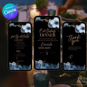 Blue Floral Digital Birthday Dinner invitation, Blue Gold Animated Digital Birthday Party Video Invite Canva Template, Digital Download