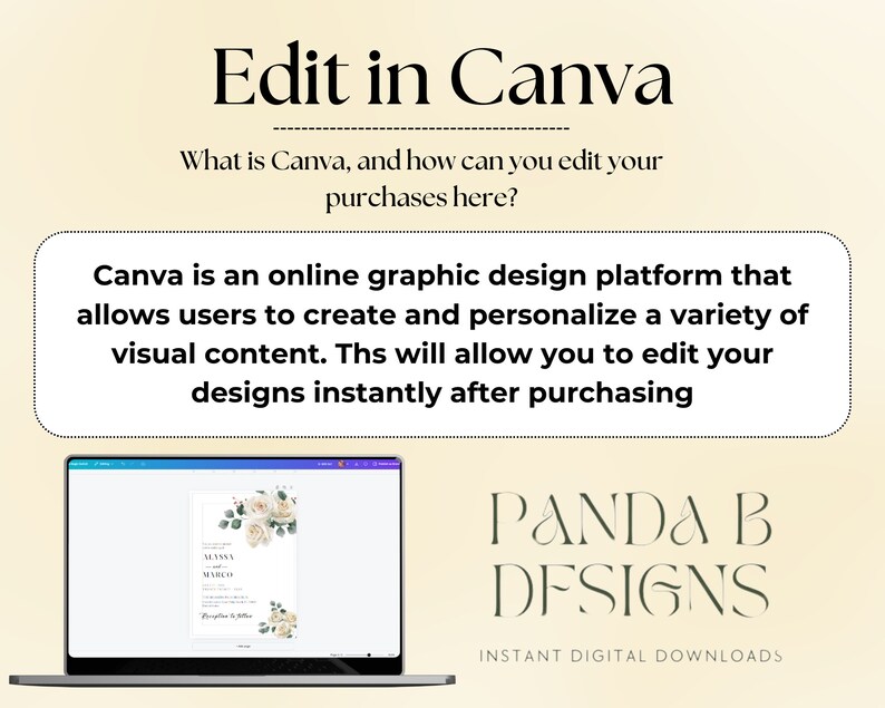 May include: A laptop screen displaying a wedding invitation template in Canva, with white roses and greenery. The text on the invitation reads "Alana & Marco". The text "Edit in Canva" is at the top of the image, and the text "PANDA B DESIGNS INSTANT DIGITAL DOWNLOADS" is at the bottom of the image.