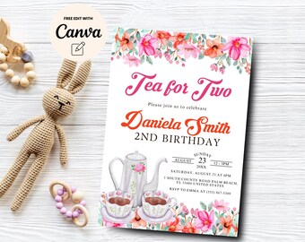 二人でお茶を飲みながらの誕生日の招待状、2歳の誕生日パーティー、ピンクゴールドの花柄の気まぐれなお茶会、即時ダウンロード、Canvaで編集可能、デジタルダウンロード