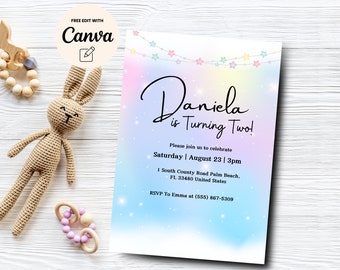 May include: A pastel blue and purple birthday invitation with a rainbow background and stars. The invitation says "Daniela is Turning Two!" and includes the date, time, and location of the party.