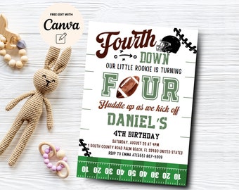 Football 4th Birthday Party Invitation, Boy Fourth Sports Theme Football Editable Rookie, Canva Template, Digital Download