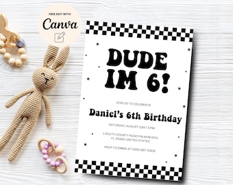Happy Dude 6th Birthday Einladung Cool Boy Sixth Birthday, Rad Schwarz Kariert 70er Jahre Groovy Retro, Canva Template, digitaler Download