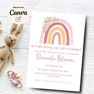 Boho Rainbow, Onederful Pink Boho Rainbow First Birthday Invitation, Printable Invitation Template, Canva Editable, Digital Download