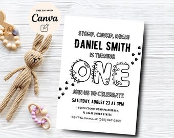 Dinosaur 1st Birthday Invite, Editable Cute Dinosaur 1st Birthday Invitation, Dino 1st Birthday Invite, Canva Editable, Digital Download