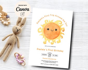 First Trip Around the Sun 1st Birthday Invitation, Girl Boy Birthday Invite, Sunshine Birthday Invitation, Canva Editable, Digital Download