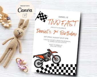 Invitación de segundo cumpleaños de dos motos de cross rápidas, invitación de segundo cumpleaños de moto, fiesta de cumpleaños de niño de moto naranja, Canva editable, descarga digital