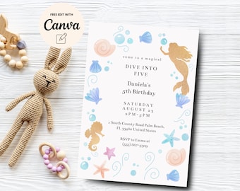 Dive Into Five Mermaid 5th Birthday Invitation, Under the Sea Birthday Invite, Ocean Birthday Invite, Canva Template, Digital Download