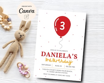Editable Red Balloon 3rd Birthday Invitation, Balloon Party Invite, 3rd Birthday, Gender Neutral Birthday, Canva Template, Digital Download