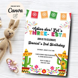Sjabloon Cinco de Mayo, verjaardagsuitnodiging voor drie esta&#39;s, bewerkbare fiesta voor drie esta&#39;s, 3e verjaardag, Canva-sjabloon, digitale download