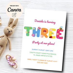 May include: A colorful birthday invitation with the text "Daniela is turning THREE" in large, decorated letters. The invitation includes details for a party at a specific address in Palm Beach, Florida, with an RSVP deadline.