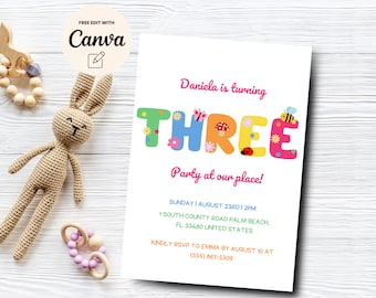 Modern 3rd Birthday Invitation, Cute Bugs Third Birthday Party Invite, Colorful Spring Girl Birthday, Canva Template, Digital Download