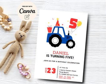 Invitación de tractor para el quinto cumpleaños, invitación de granja autoeditable para la quinta fiesta de un niño, invitación de tractor de granja para cualquier edad, plantilla de Canva, descarga digital