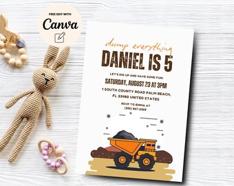 Construction 5th Birthday Invitation, Construction Trucks Party Invite, Dump Everything Construction, Canva Template, Digital Download