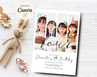 Invitación con foto editable para el cuarto cumpleaños, invitación para el cuarto cumpleaños, invitación con foto minimalista para el cuarto cumpleaños, Canva editable, descarga digital