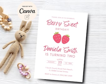 Berry Sweet 2. Geburtstagseinladung, Erdbeer-Party einladen, 2. Geburtstag, Mädchen rosa Geburtstag einladen, Canva Vorlage, digitaler Download