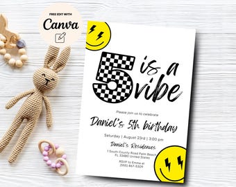 May include: A white birthday invitation with black and white checkered number 5, the text "is a vibe", and the text "Daniel's 5th birthday". The invitation also includes the date, time, and location of the party. The invitation is decorated with yellow smiley faces with lightning bolts.