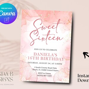 Sweet 16 birthday invitation, teen girl birthday invite, 16th birthday invitation teen girl, teen birthday, Canva Template, Digital Download