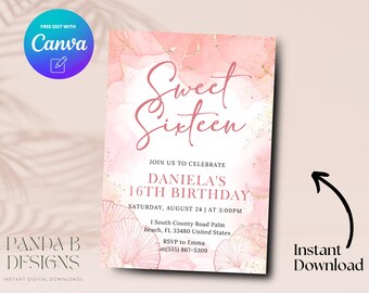 Sweet 16 birthday invitation, teen girl birthday invite, 16th birthday invitation teen girl, teen birthday, Canva Template, Digital Download