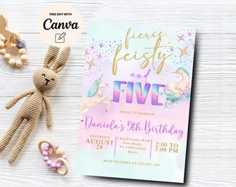 May include: A pastel pink and blue birthday invitation with a unicorn and a rainbow. The text reads "Fierce and Five" and "Daniela's 5th Birthday".
