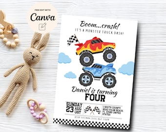 Invito Monster Truck, invito per il 4° compleanno, invito per il compleanno di Monster Truck, invito per Monster Truck per bambini, modello Canva, download digitale