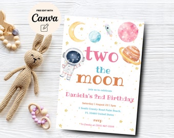 Two the Moon Birthday Invite Girl,  Outerspace Invitation, Space Birthday Invitation, Girl 2nd Birthday, Canva Editable, Digital Download