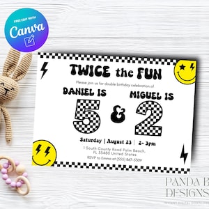 Groovy Double Birthday Invite for Kids, Smiley Checkered Boy Birthday Invitation Joint Photo invite Any Age Canva Template, Instant Download