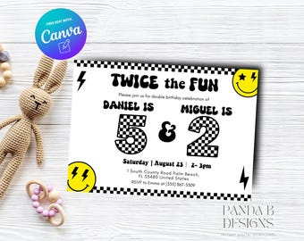 Groovy dubbele verjaardagsuitnodiging voor kinderen, smiley geruite jongen verjaardagsuitnodiging gezamenlijke foto uitnodigen elke leeftijd Canva-sjabloon, Instant Download