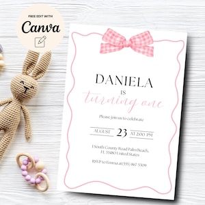 Pink Bow 1st Birthday Invitation Girl, First Birthday Template Printable, Pink Coquette Bow Invitation, Canva Editable, Digital Download